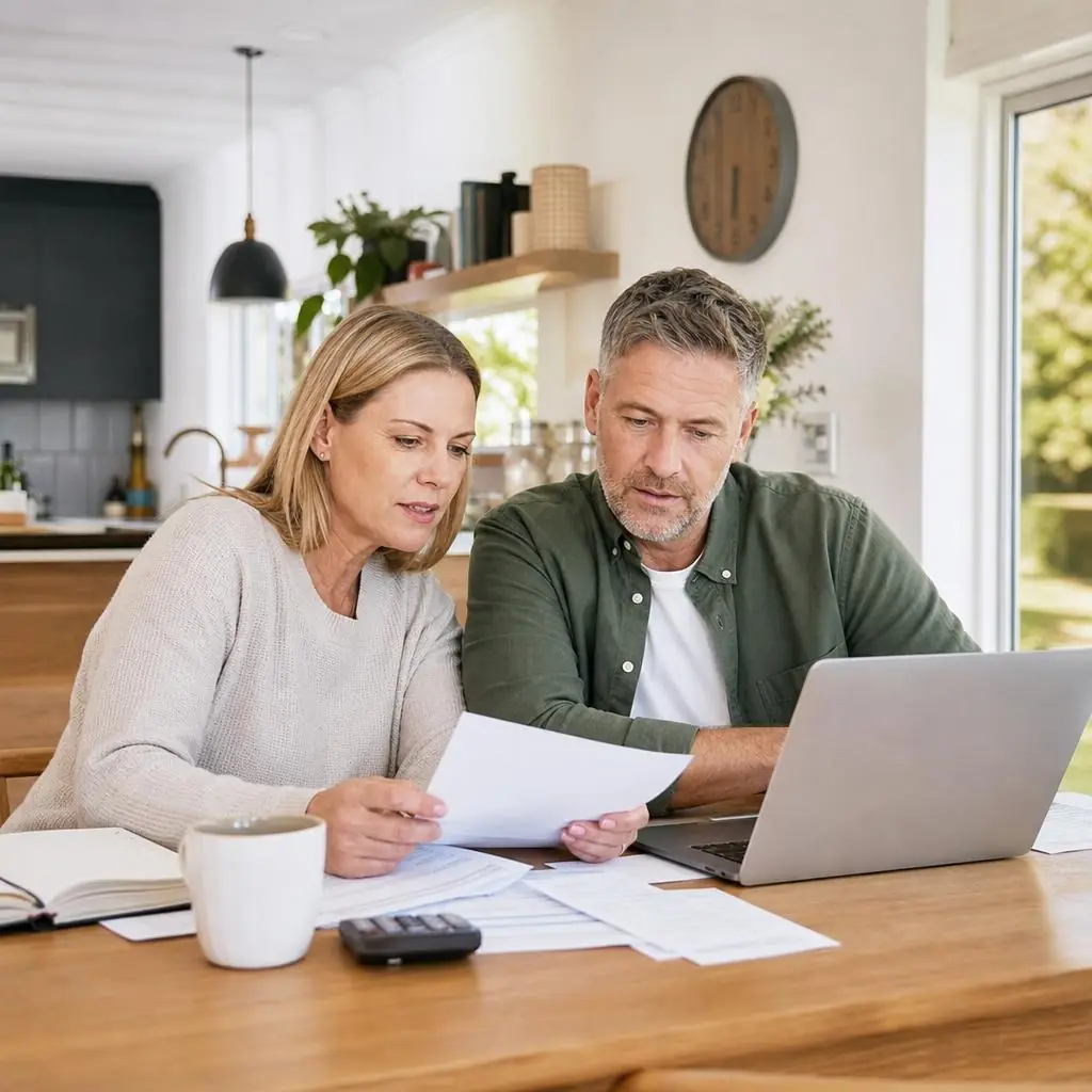 Australian parents reviewing their household finances at home